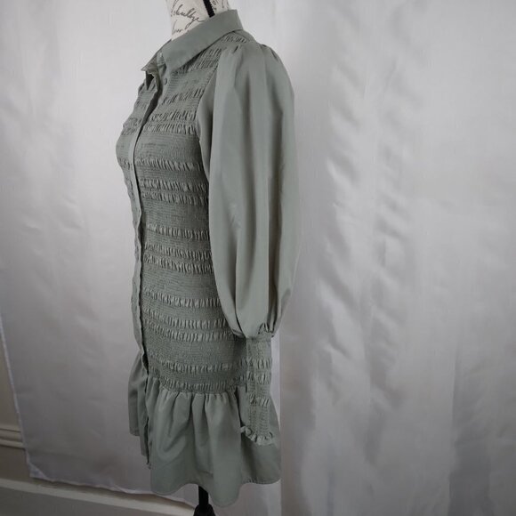 HYFVE | Smocked Balloon Sleeve Button Dress Olive Green Ruffle | Size L - Picture 3 of 9